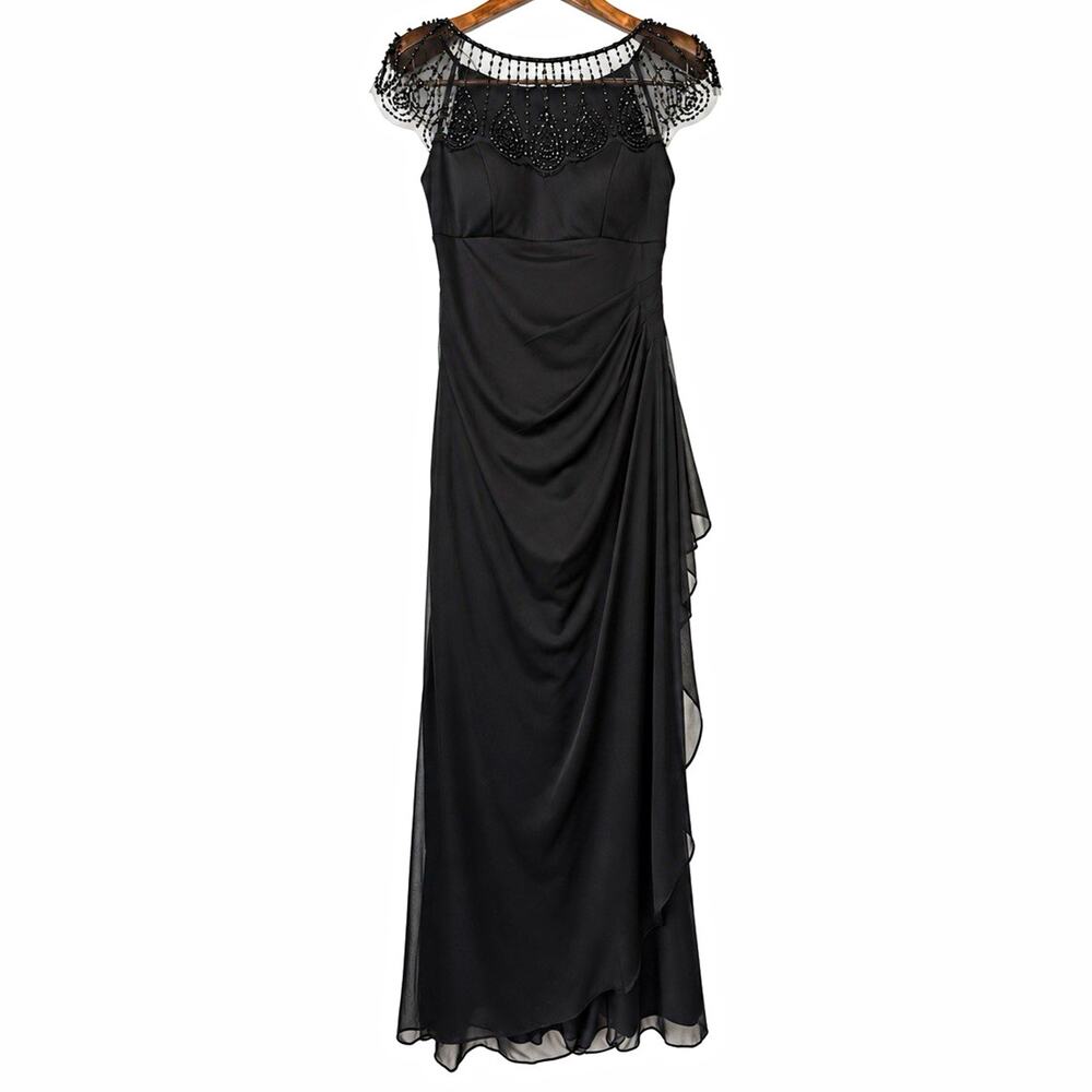DJ Jaz Black Beaded Illusion Neck Ruched Chiffon Formal Evening Maxi Gown Size 8